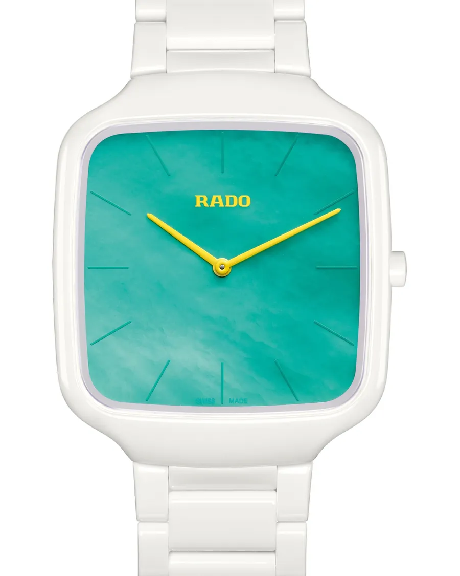 Rado True Square Thinline x Tan Jianci Limited Edition from the front, white high-tech ceramic with turquoise mother-of-pearl dial and yellow hands